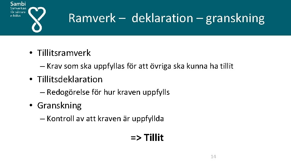  Ramverk – deklaration – granskning • Tillitsramverk – Krav som ska uppfyllas för