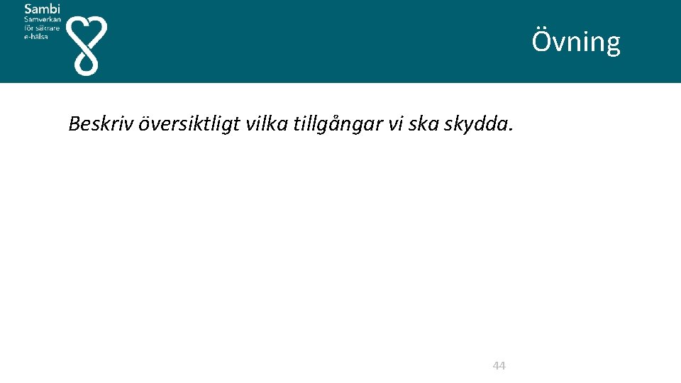 Övning Beskriv översiktligt vilka tillgångar vi ska skydda. 44 