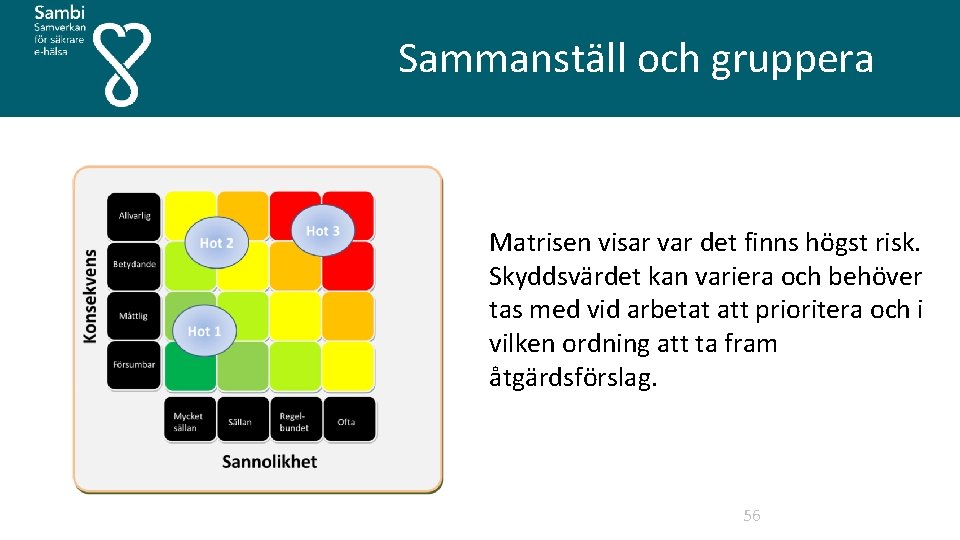  Sammanställ och gruppera Matrisen visar var det finns högst risk. Skyddsvärdet kan variera