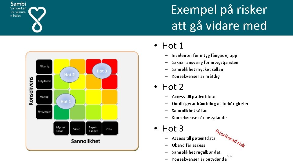 Exempel på risker att gå vidare med • Hot 1 – – Incidenter för