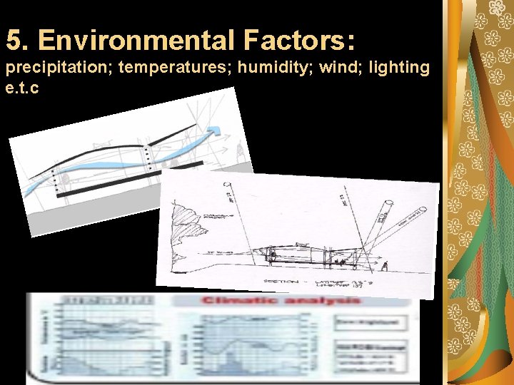5. Environmental Factors: precipitation; temperatures; humidity; wind; lighting e. t. c 