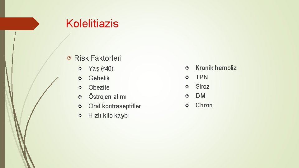 Kolelitiazis Risk Faktörleri Yaş (˂ 40) Gebelik Obezite Östrojen alımı Oral kontraseptifler Hızlı kilo