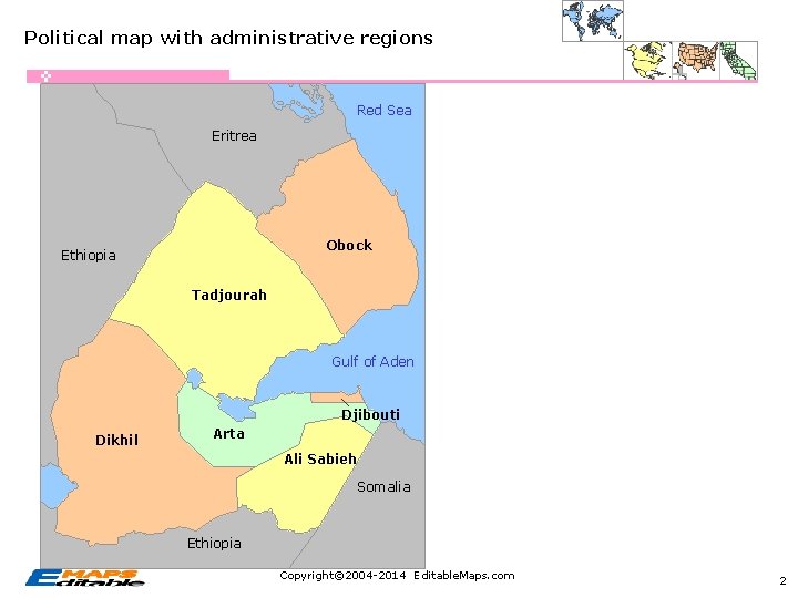 Political map with administrative regions Red Sea Eritrea Obock Ethiopia Tadjourah Gulf of Aden