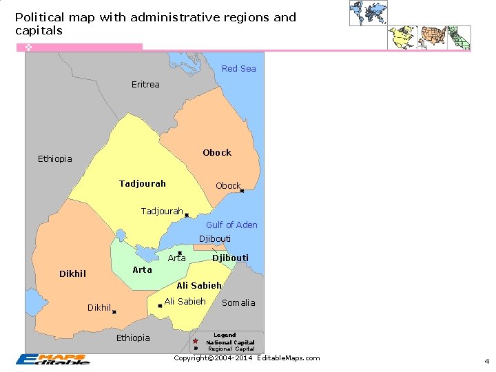 Political map with administrative regions and capitals Red Sea Eritrea Obock Ethiopia Tadjourah Obock