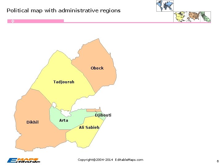 Political map with administrative regions Obock Tadjourah Djibouti Dikhil Arta Ali Sabieh Copyright© 2004