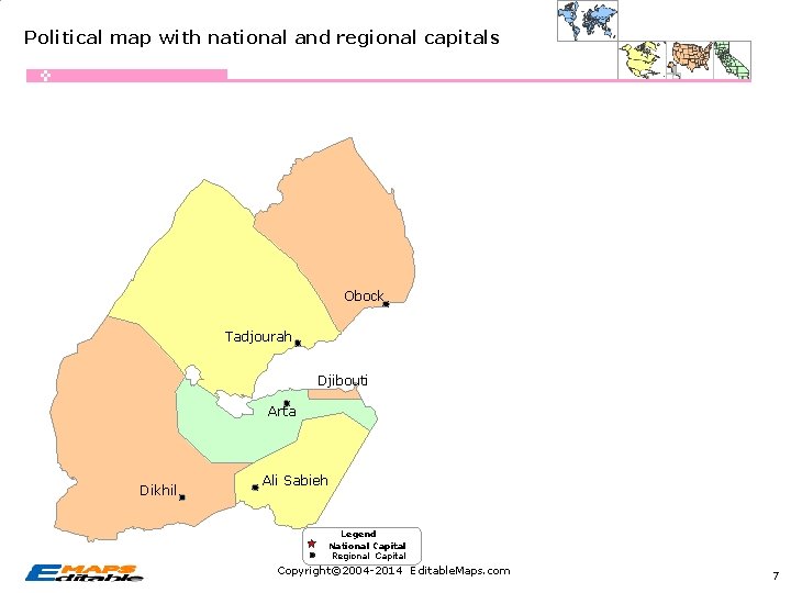 Political map with national and regional capitals Obock Tadjourah Djibouti Arta Dikhil Ali Sabieh