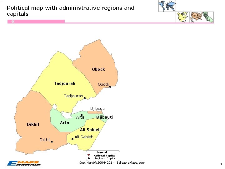 Political map with administrative regions and capitals Obock Tadjourah Djibouti Arta Dikhil Ali Sabieh