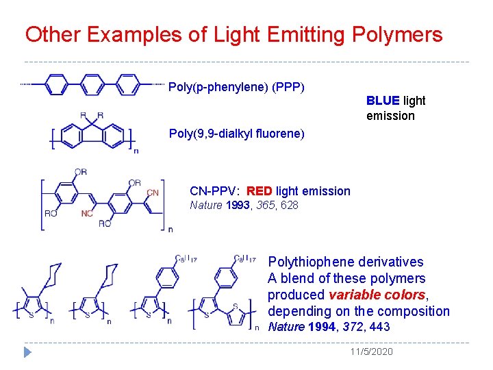 Other Examples of Light Emitting Polymers Poly(p-phenylene) (PPP) BLUE light emission Poly(9, 9 -dialkyl