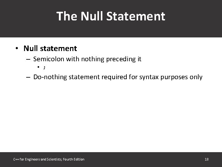 The Null Statement • Null statement – Semicolon with nothing preceding it • ;