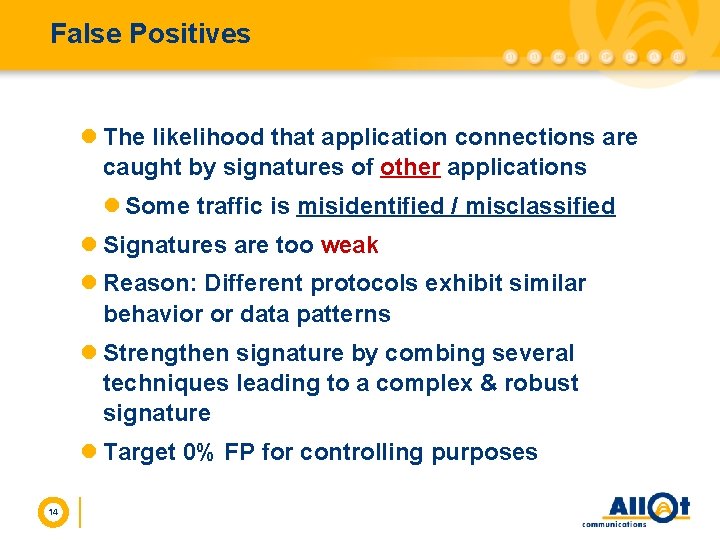False Positives l The likelihood that application connections are caught by signatures of other
