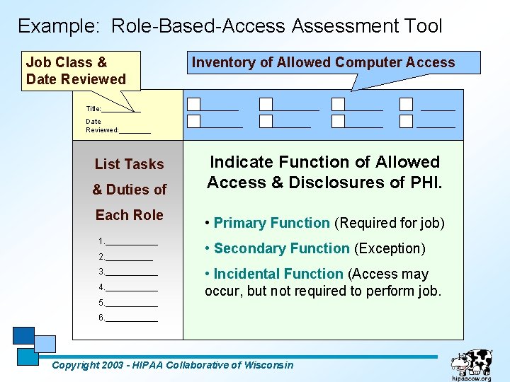 Example: Role-Based-Access Assessment Tool Job Class & Date Reviewed Inventory of Allowed Computer Access