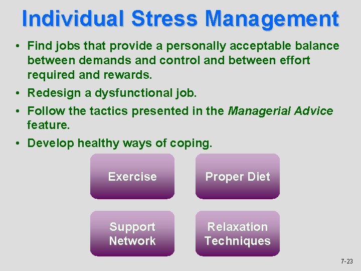 Individual Stress Management • Find jobs that provide a personally acceptable balance between demands