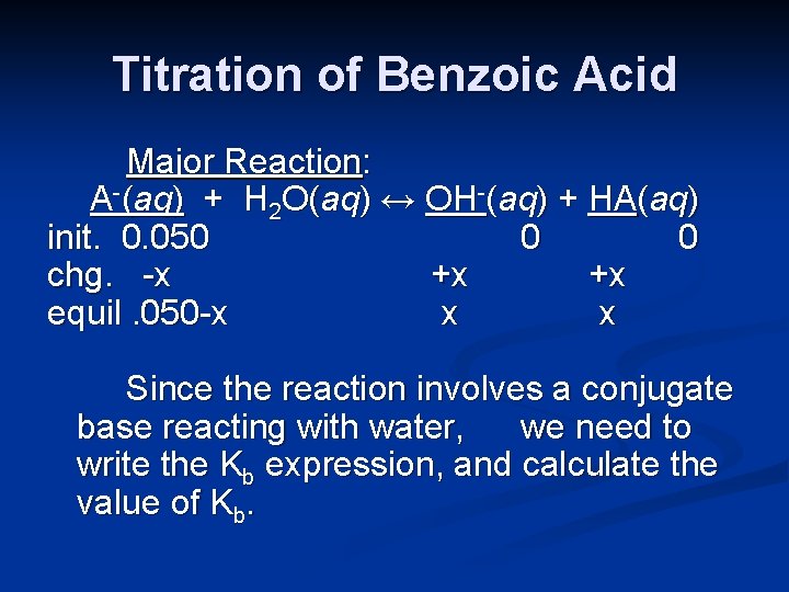 Titration of Benzoic Acid Major Reaction: A-(aq) + H 2 O(aq) ↔ OH-(aq) +