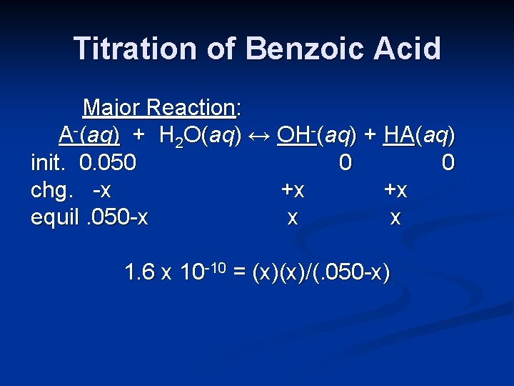 Titration of Benzoic Acid Major Reaction: A-(aq) + H 2 O(aq) ↔ OH-(aq) +