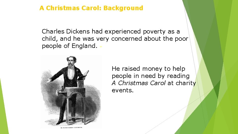 A Christmas Carol: Background Charles Dickens had experienced poverty as a child, and he