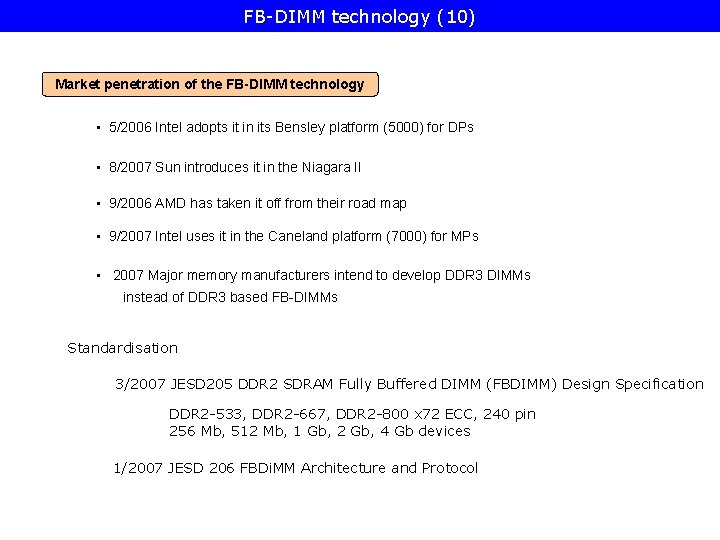 FB-DIMM technology (10) Market penetration of the FB-DIMM technology • 5/2006 Intel adopts it