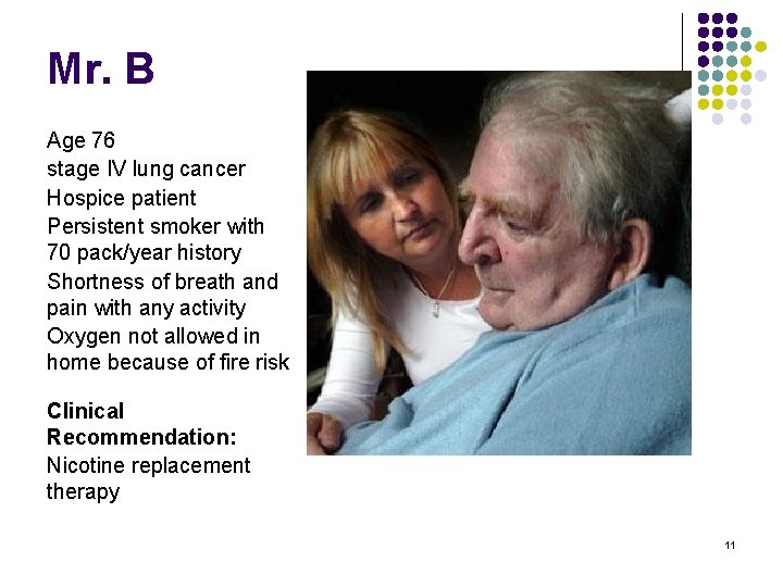 Mr. B Age 76 stage IV lung cancer Hospice patient Persistent smoker with 70