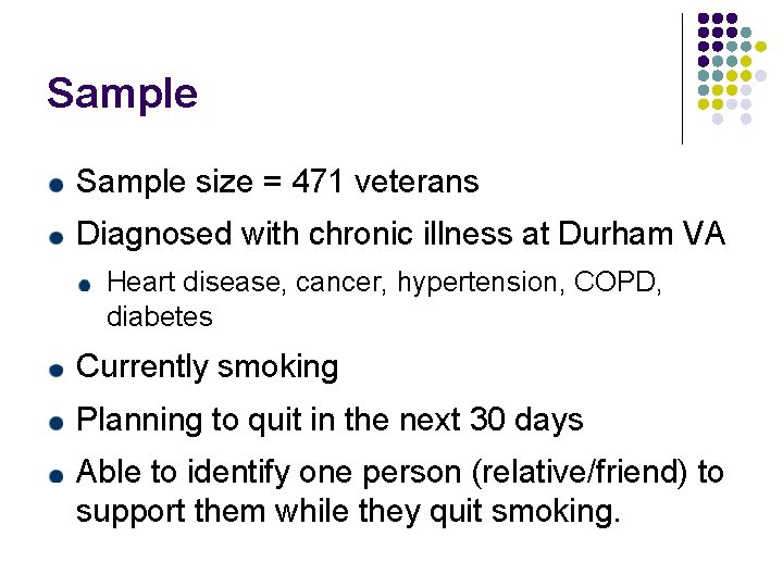 Sample size = 471 veterans Diagnosed with chronic illness at Durham VA Heart disease,