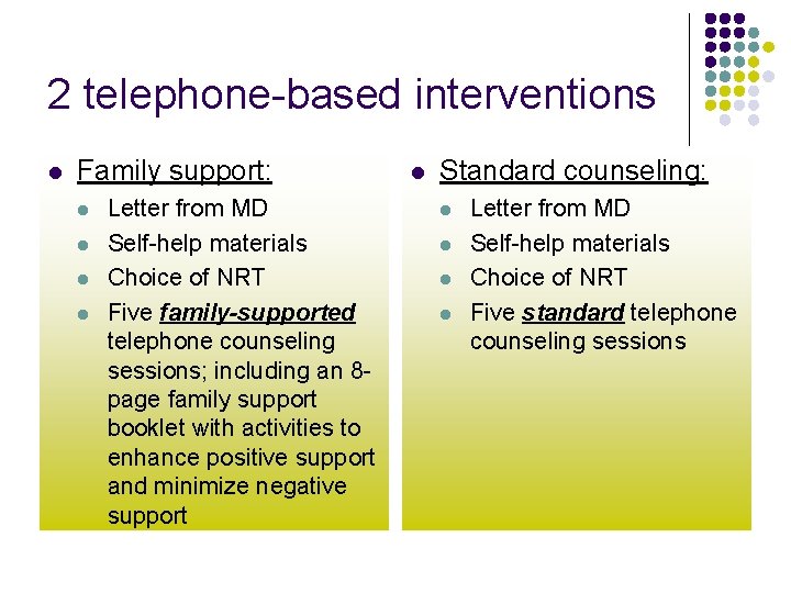 2 telephone-based interventions l Family support: l l Letter from MD Self-help materials Choice