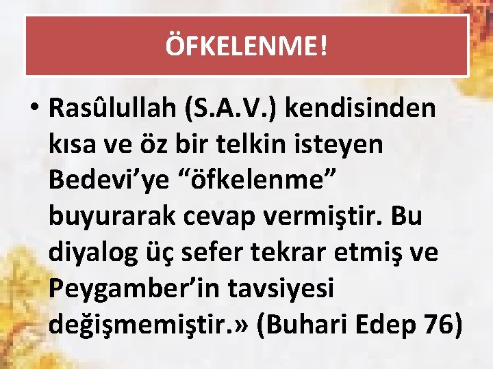 ÖFKELENME! • Rasûlullah (S. A. V. ) kendisinden kısa ve öz bir telkin isteyen