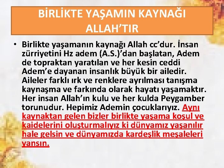 BİRLİKTE YAŞAMIN KAYNAĞI ALLAH’TIR • Birlikte yaşamanın kaynağı Allah cc’dur. İnsan zürriyetini Hz adem