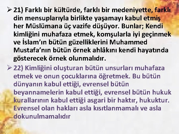 Ø 21) Farklı bir kültürde, farklı bir medeniyette, farklı din mensuplarıyla birlikte yaşamayı kabul