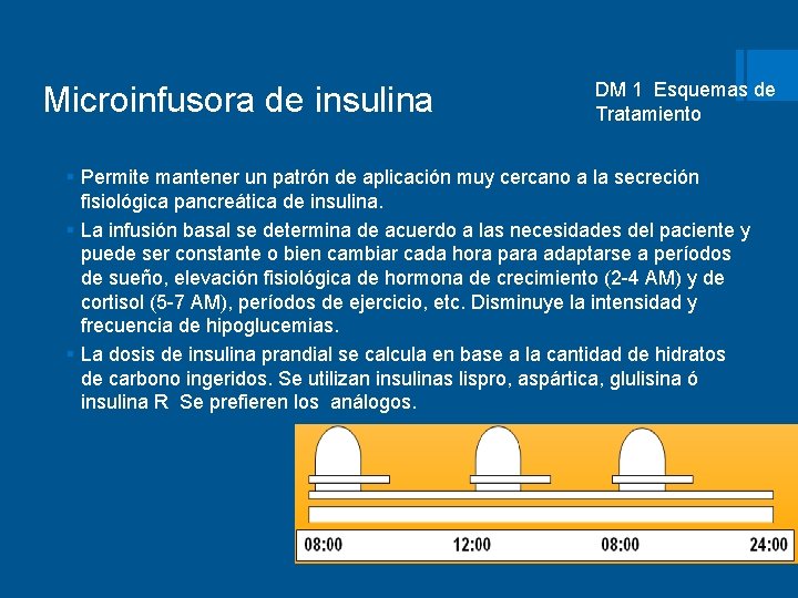 Microinfusora de insulina DM 1 Esquemas de Tratamiento § Permite mantener un patrón de