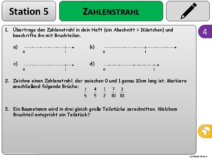 Station 5 ZAHLENSTRAHL 1. Übertrage den Zahlenstrahl in dein Heft (ein Abschnitt = 1