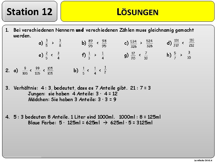 Station 12 LÖSUNGEN 1. Bei verschiedenen Nennern und verschiedenen Zählen muss gleichnamig gemacht werden.