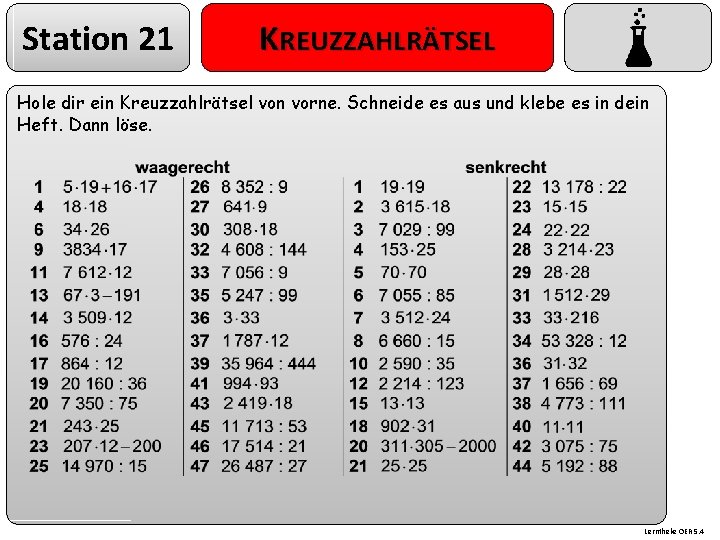 Station 21 KREUZZAHLRÄTSEL Hole dir ein Kreuzzahlrätsel von vorne. Schneide es aus und klebe