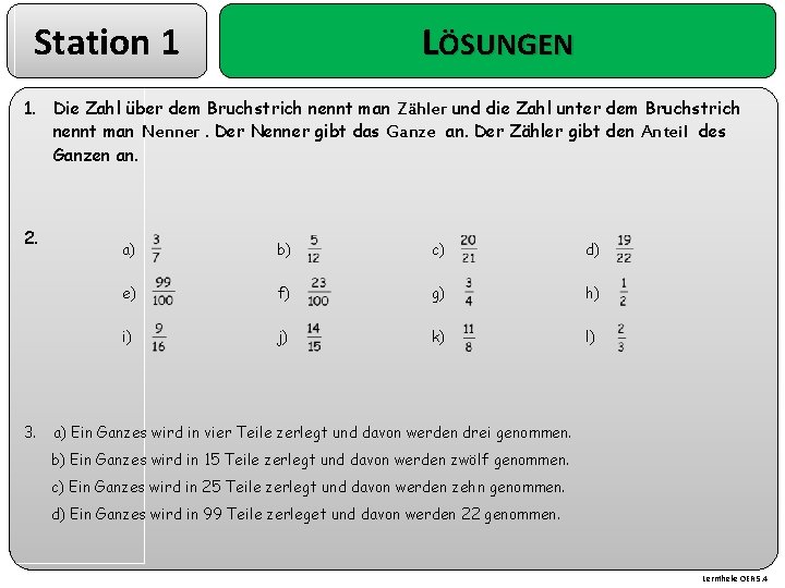 Station 1 LÖSUNGEN 1. Die Zahl über dem Bruchstrich nennt man Zähler und die