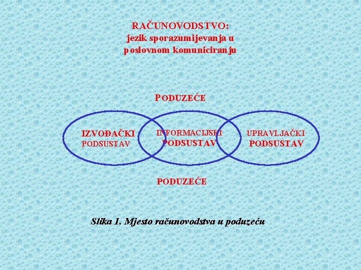 RAČUNOVODSTVO: jezik sporazumijevanja u poslovnom komuniciranju PODUZEĆE IZVOĐAČKI PODSUSTAV INFORMACIJSKI UPRAVLJAČKI PODSUSTAV PODUZEĆE Slika