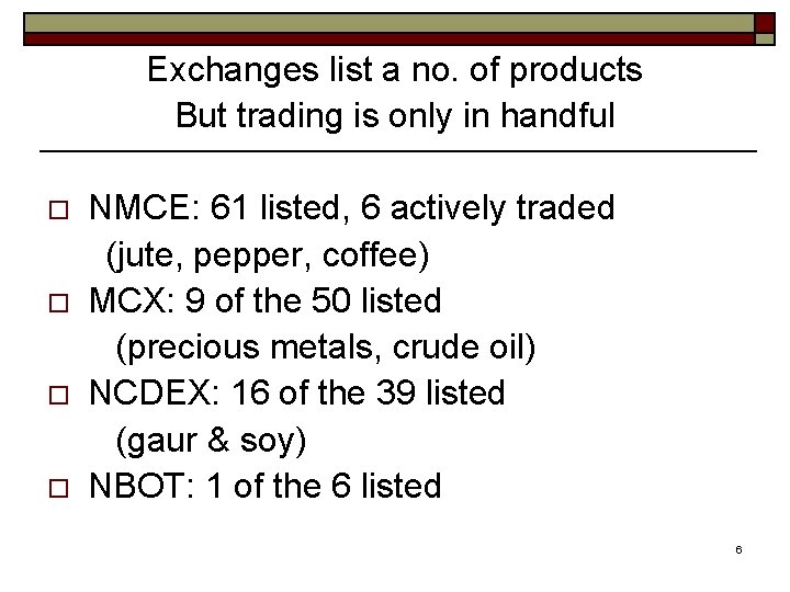 Exchanges list a no. of products But trading is only in handful o o