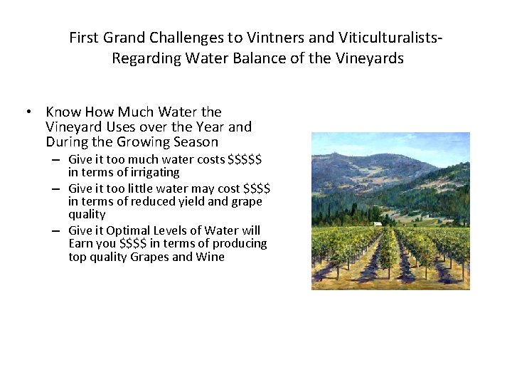 First Grand Challenges to Vintners and Viticulturalists Regarding Water Balance of the Vineyards •