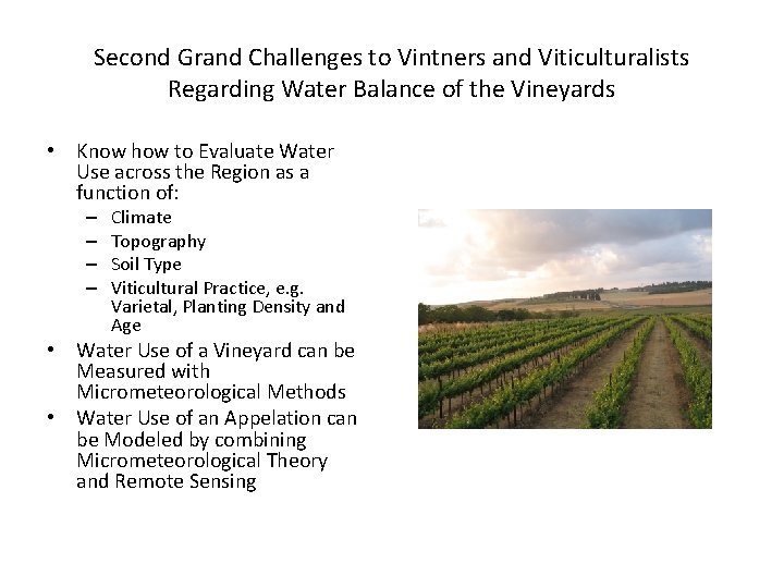 Second Grand Challenges to Vintners and Viticulturalists Regarding Water Balance of the Vineyards •
