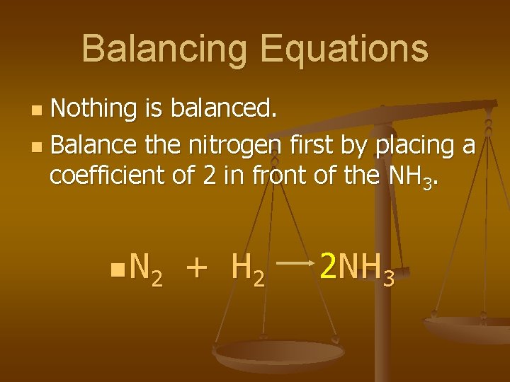 Balancing Equations Nothing is balanced. n Balance the nitrogen first by placing a coefficient Balancing Equations Nothing is balanced. n Balance the nitrogen first by placing a coefficient