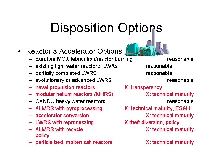 Disposition Options • Reactor & Accelerator Options – – – Euratom MOX fabrication/reactor burning