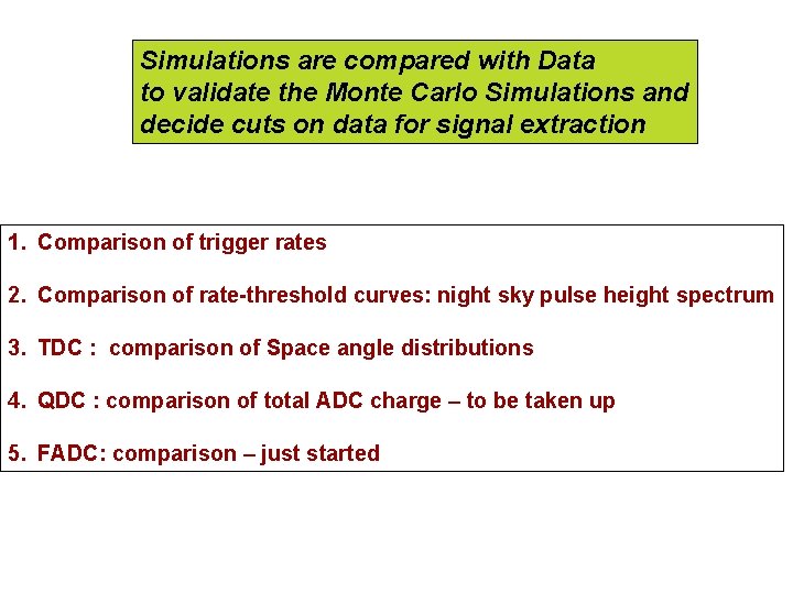 Simulations are compared with Data to validate the Monte Carlo Simulations and decide cuts