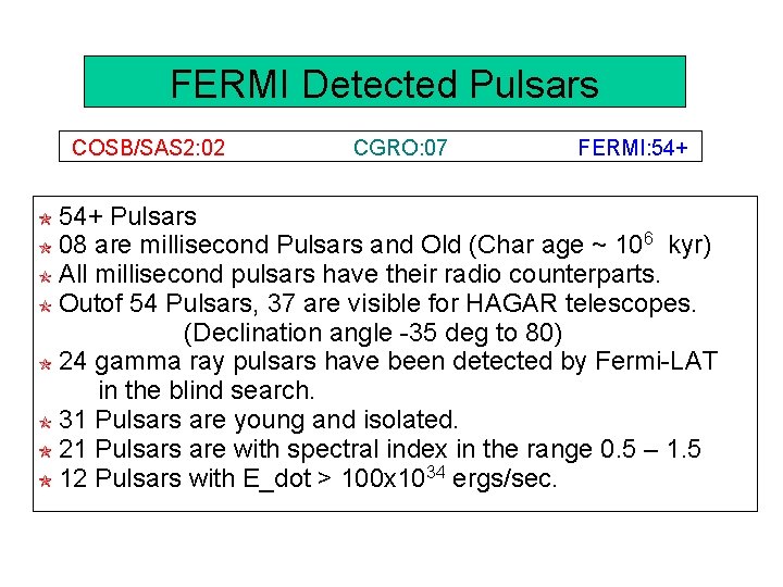 FERMI Detected Pulsars COSB/SAS 2: 02 CGRO: 07 FERMI: 54+ Pulsars 08 are millisecond