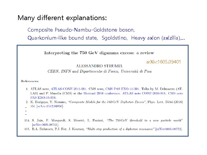 Many different explanations: Composite Pseudo-Nambu-Goldstone boson, Quarkonium-like bound state, Sgoldstino, Heavy axion (axizilla), …