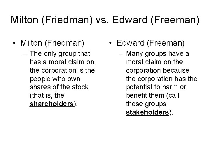 Milton (Friedman) vs. Edward (Freeman) • Milton (Friedman) – The only group that has