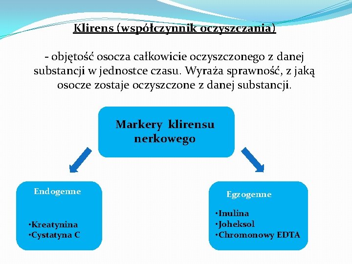 Klirens (współczynnik oczyszczania) - objętość osocza całkowicie oczyszczonego z danej substancji w jednostce czasu.