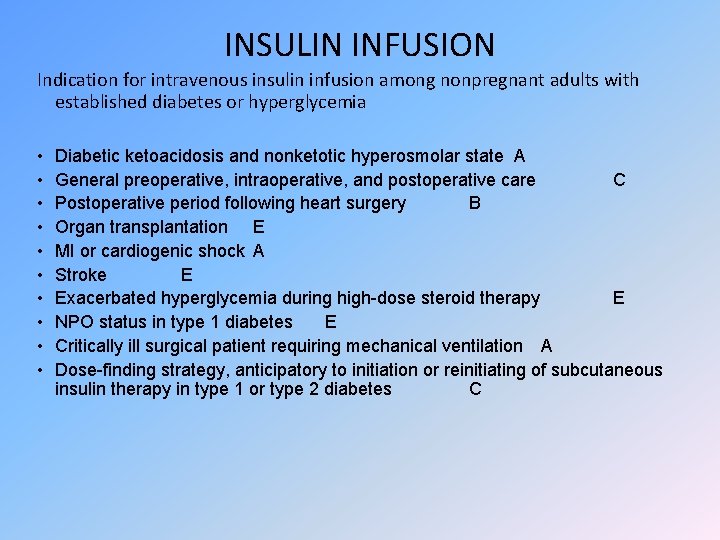 INSULIN INFUSION Indication for intravenous insulin infusion among nonpregnant adults with established diabetes or