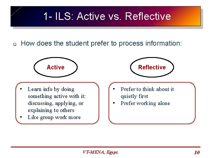 1 - ILS: Active vs. Reflective q How does the student prefer to process