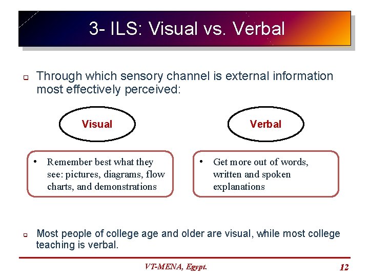 3 - ILS: Visual vs. Verbal q Through which sensory channel is external information