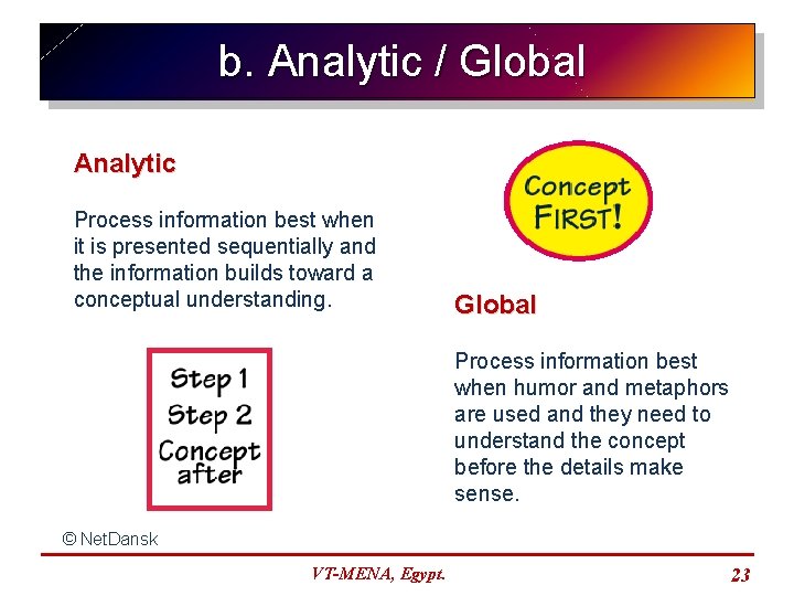 b. Analytic / Global Analytic Process information best when it is presented sequentially and