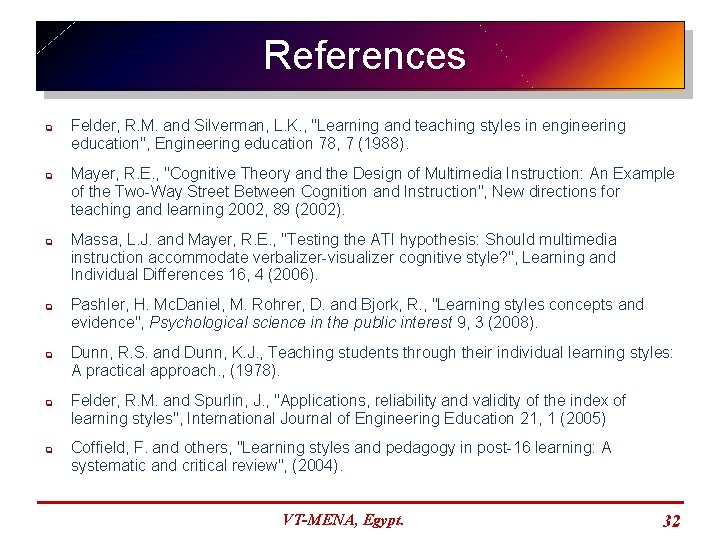 References q q q q Felder, R. M. and Silverman, L. K. , "Learning