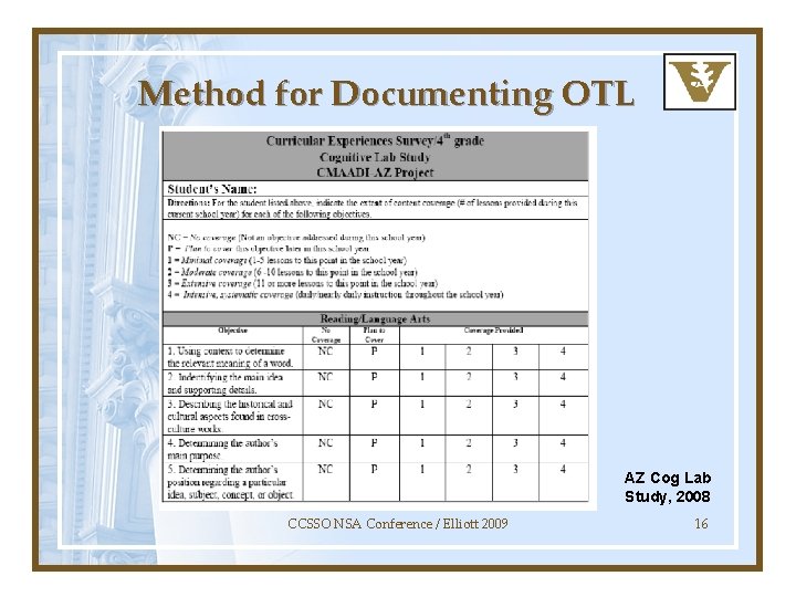 Method for Documenting OTL AZ Cog Lab Study, 2008 CCSSO NSA Conference / Elliott