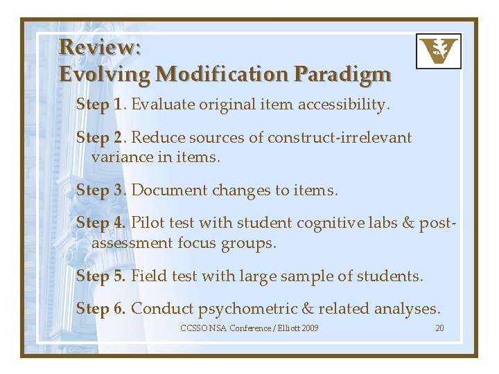 Review: Evolving Modification Paradigm Step 1. Evaluate original item accessibility. Step 2. Reduce sources