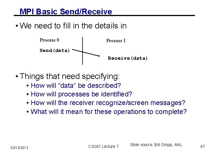 MPI Basic Send/Receive • We need to fill in the details in Process 0